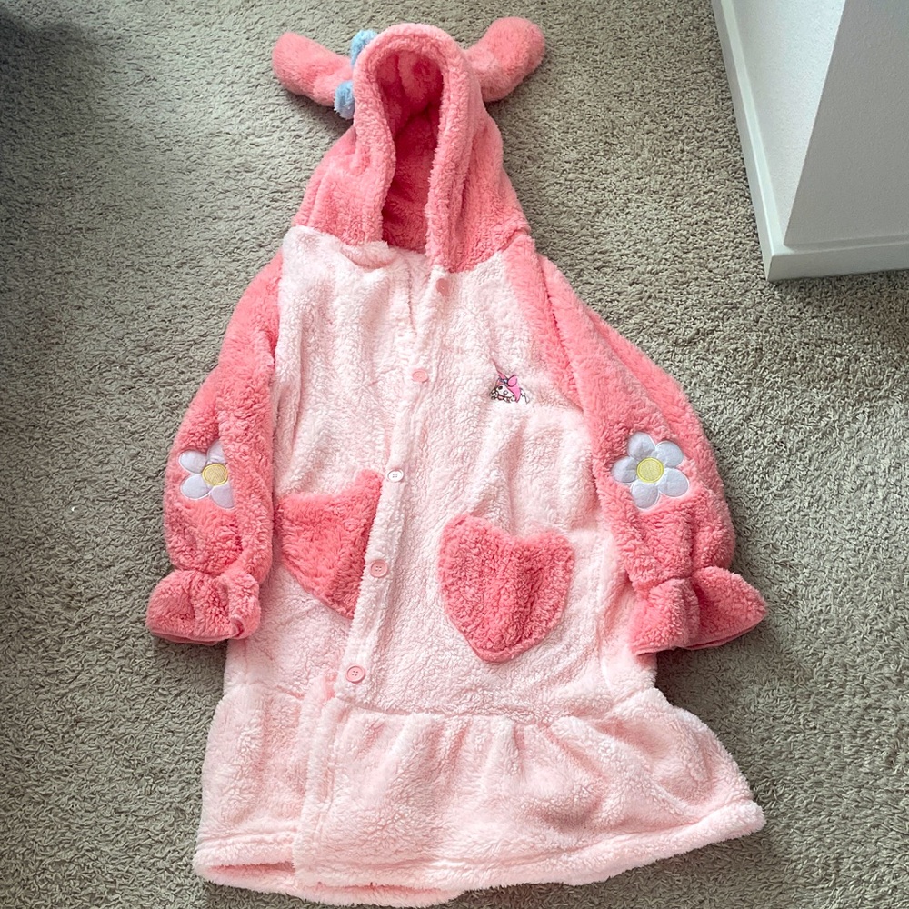 Pink Hooded Fleece Robe with Floral Accents
